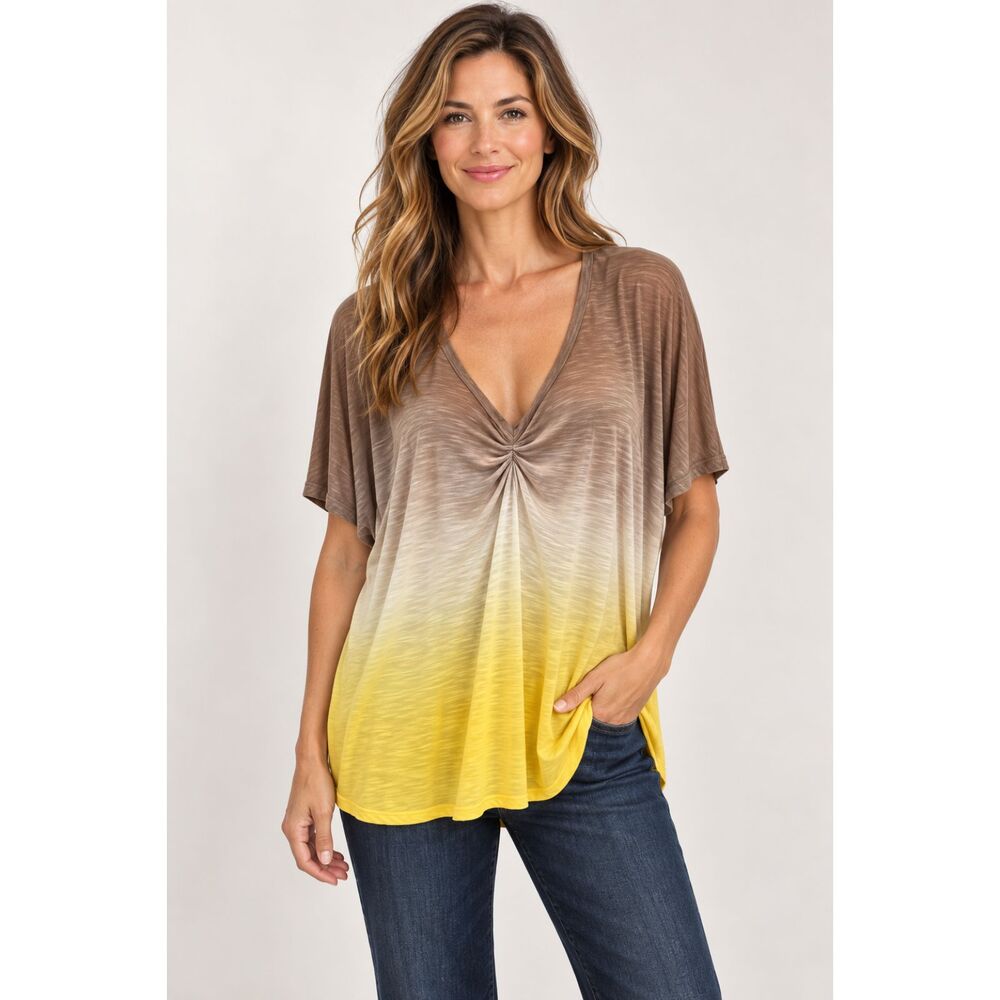 Young Fabulous & Broke Ombre Tie Dye V Neck T Shirt Brown Yellow Medium